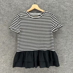 Broome Street Blouse Women S Small Black Striped Short Crew Neck Pullover Casual